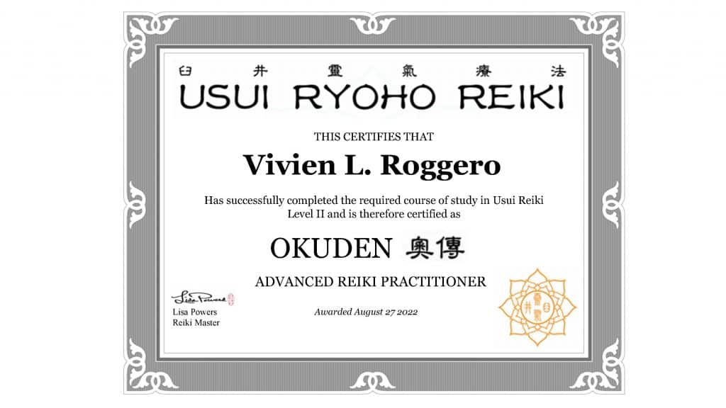 Reiki Level Ii Certificate Vivien Roggero