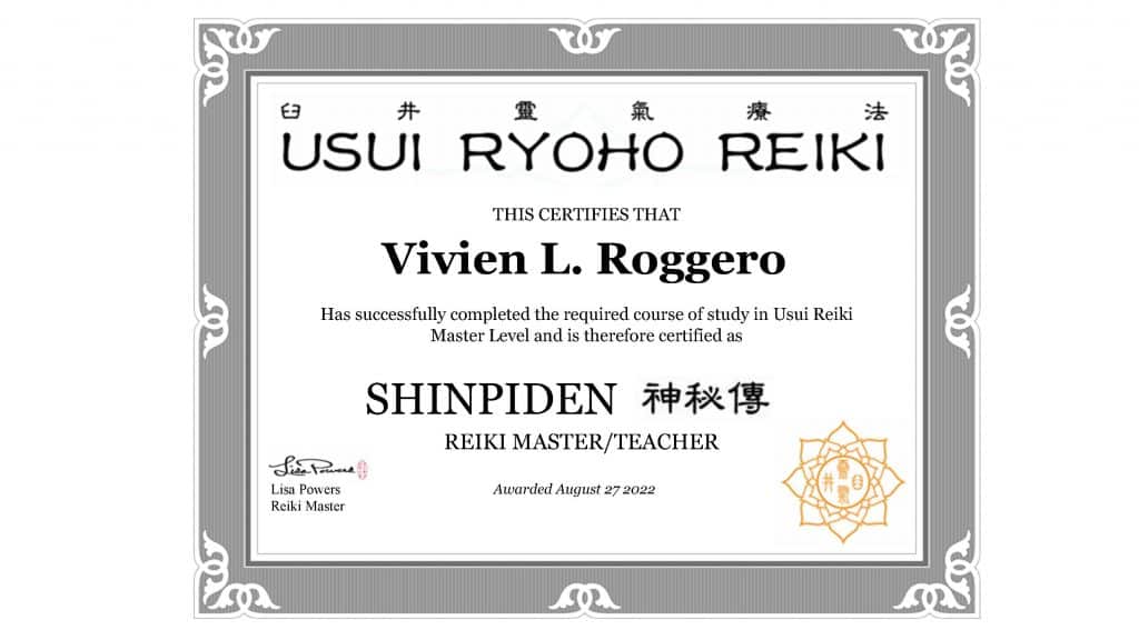 Reiki Master Certificates Vivien Roggero